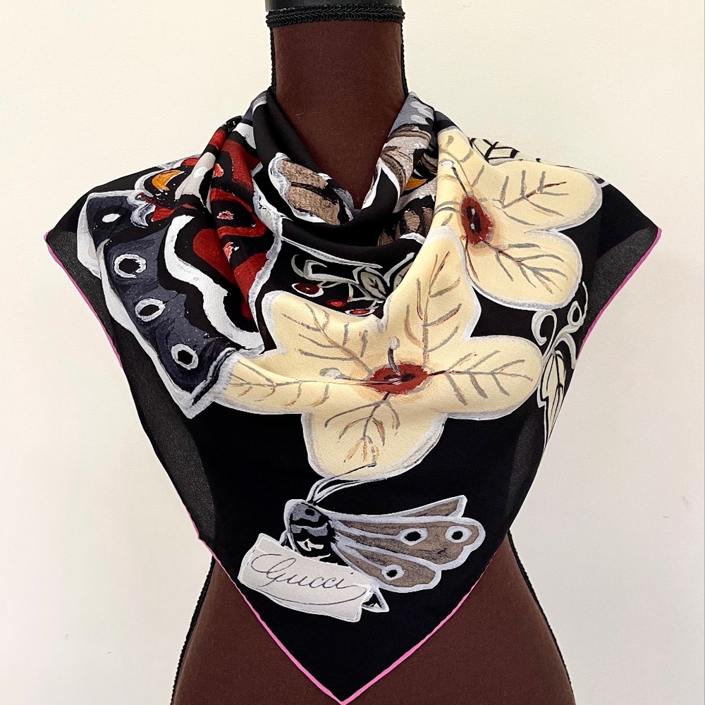 Gucci Unisex Scarf Kris Knight Butterfly Flora Black Silk Wrap - Picture 3 of 14